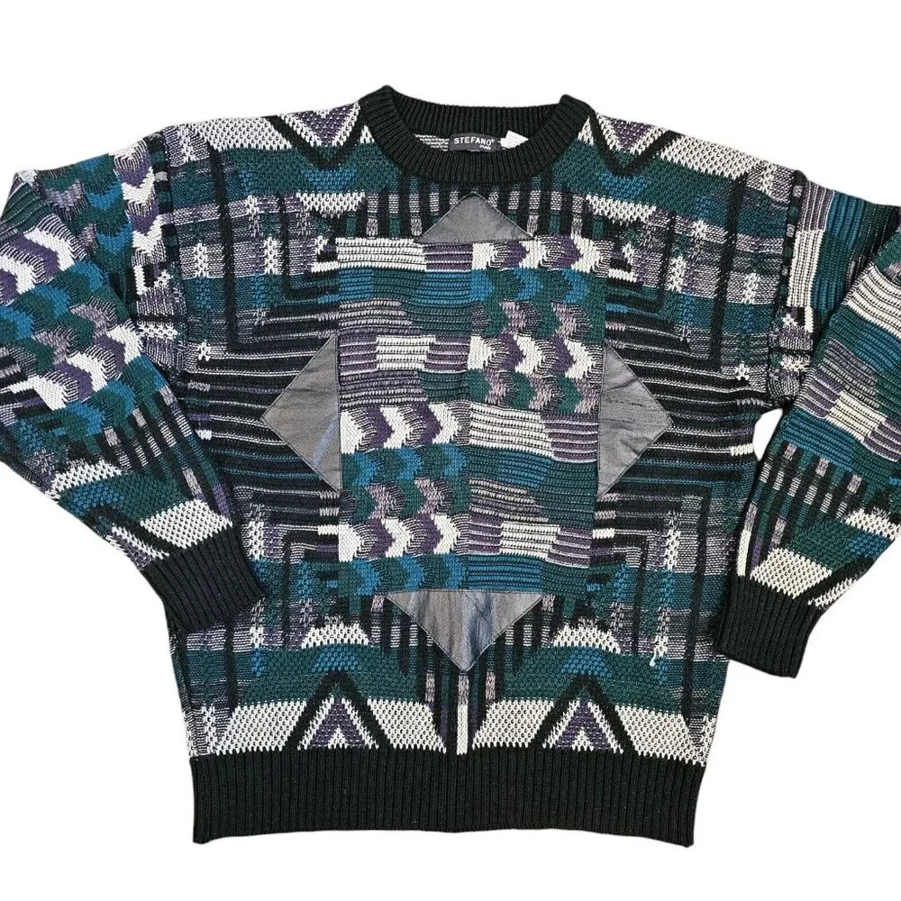 Vintage 80s 90s Mens Large Dad Sweater Faux‎ Leather Patches Geometric Retro